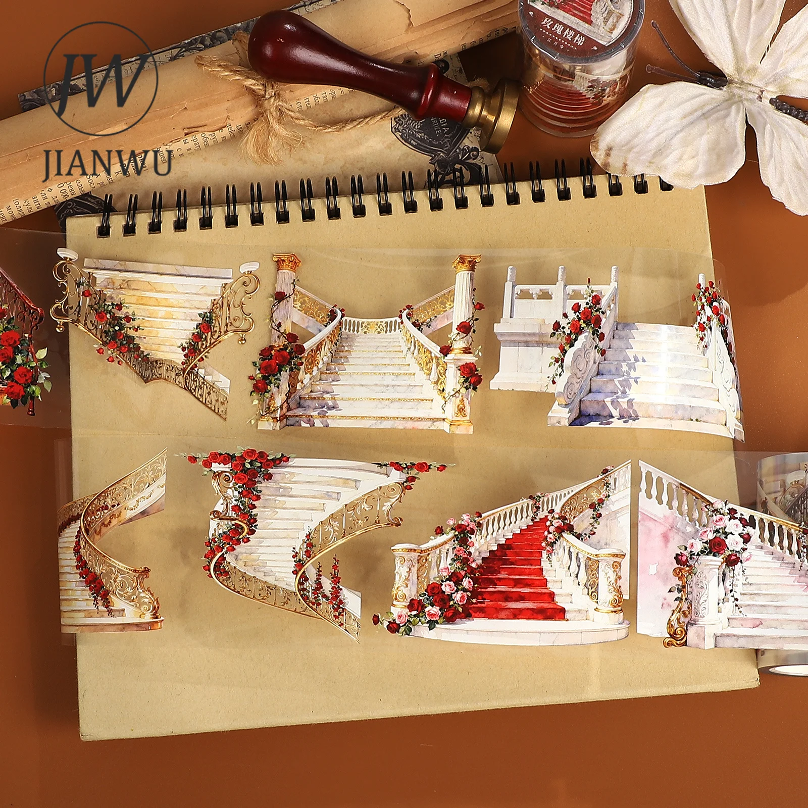 JIANWU 65mm*5m Vintage Flower Stairs Landscape Material Collage Scrapbooking PET Tape Creative DIY Journal Stationery