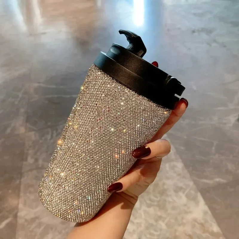 12oz Blingbling Diamond Stainless Steel Coffee Mug Portable Travel Vacuum Flasks Water Bottle with Handle Reusable Thermoses Cup