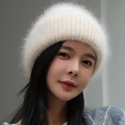 Real Rabbit Fur Knitted Beanies For Women Thickened Womens Hats Knitted Hat Women Solid Adult Cover Head Cap Bonnet Femme Hiver