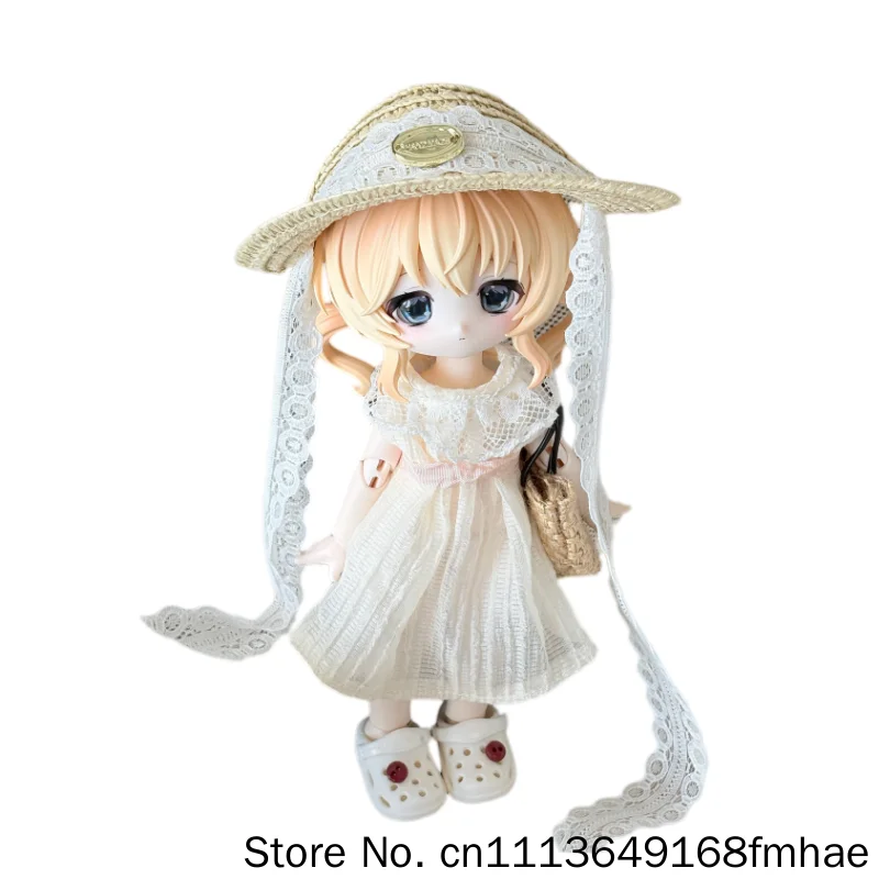 Lace Dress Set for Bunny Dream Box BJD, OB24 17cm Clothes with Straw Hat Bag Shoes, Cosplay Outfit (Doll Not Included) - view 6