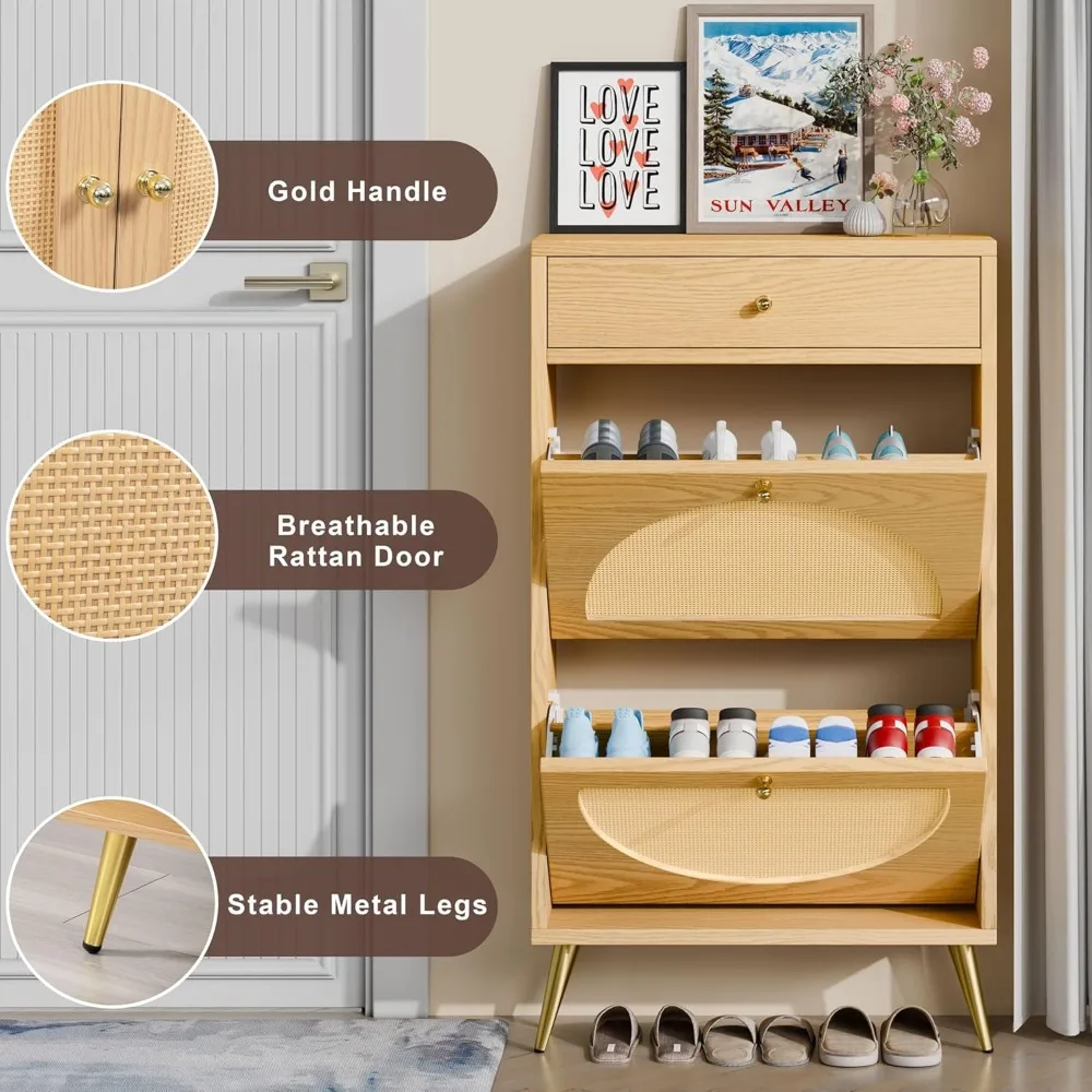 Shoe Cabinet with 2 Flip Drawers Shoe Storage Cabinet with 1 Pull Drawer Rattan Cabinet, Entryway Shoe Organizer Cabinet