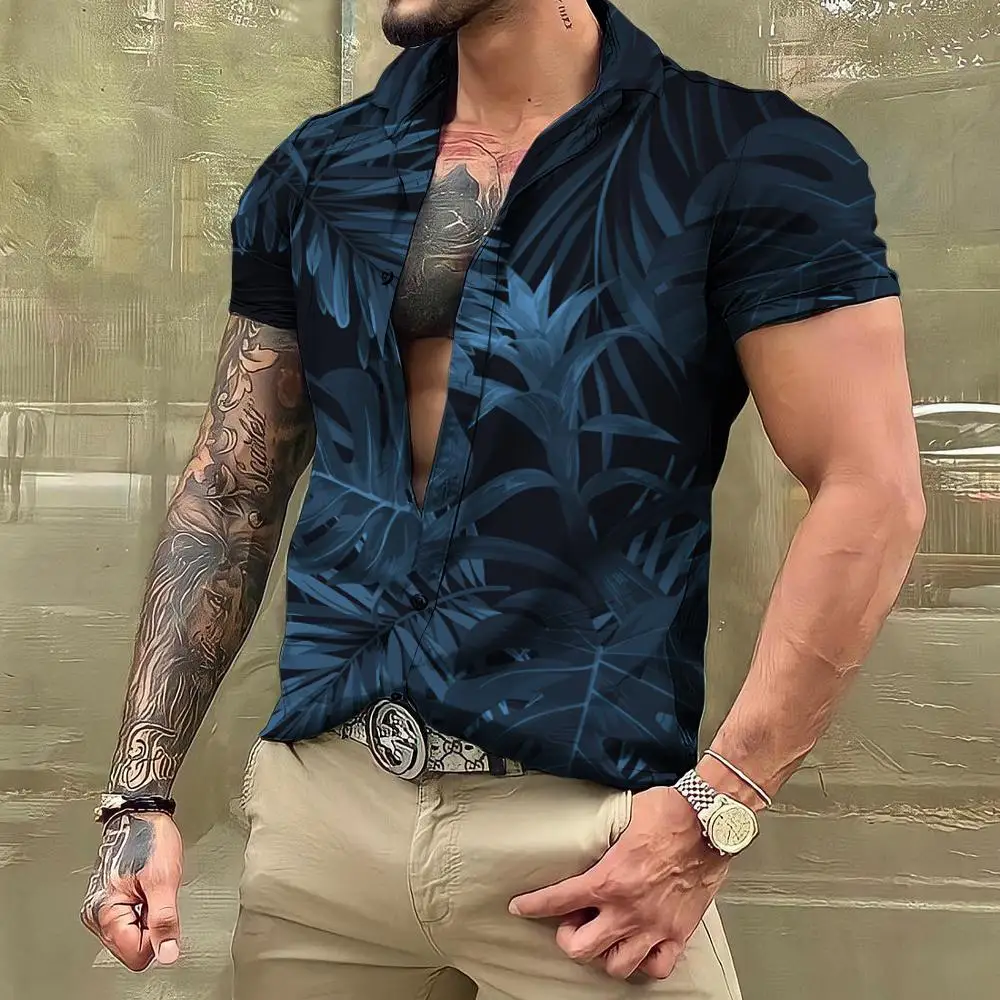 2024 Hawaiian Leaf Plant Shirts For Men Floral Short Sleeve Casual Oversized Tops Social Everyday Streetwear Clothing Tropical