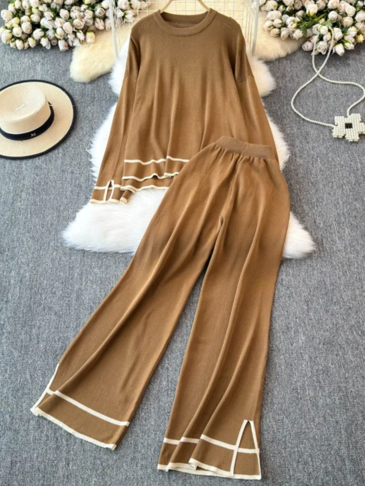 Autumn Fashion Solid Knitted 2 Piece Sets Women Outfits Loose Sweater Top + Wide-Leg Pants Suits Fashion New Female Clothes 2024