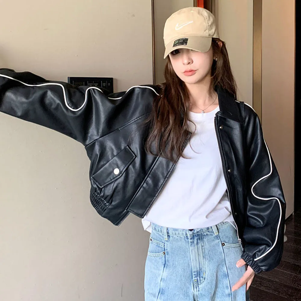 Y2K New Fashion Faux Leather Jacket Women Streetwear Vintage High Street Hip Hop Pop Short Coat Female Casual PU Outerwears Tide