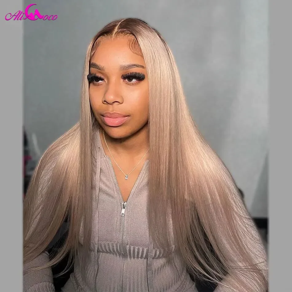 200 Density Ombre Ash Blonde 13x4 Straight Lace Front Wig PrePlucked Brown Root Blonde Wig 13x4 Lace Frontal Human Hair Wigs