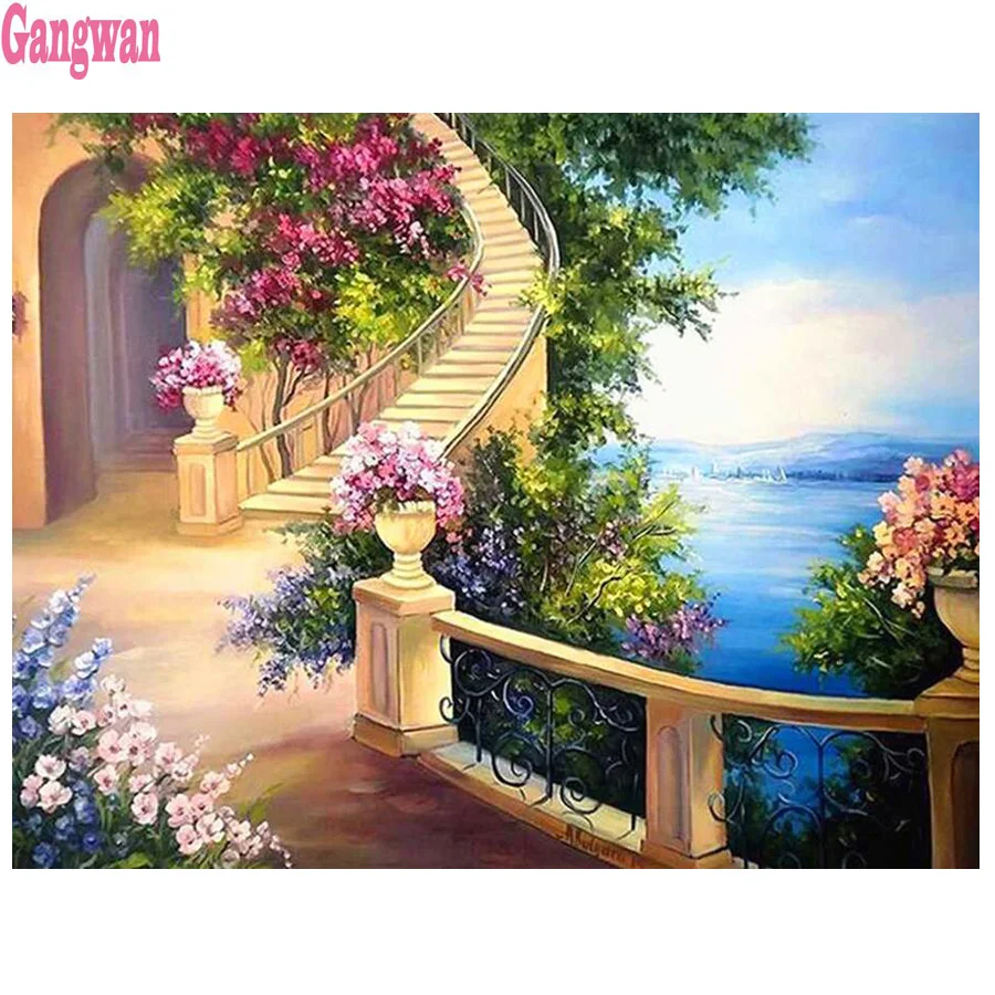 

Garden landscape Diamond Painting Seaside Villa Rhinestones Pictures Diamond Embroidery Full Diamond Mosaic view Home Decor