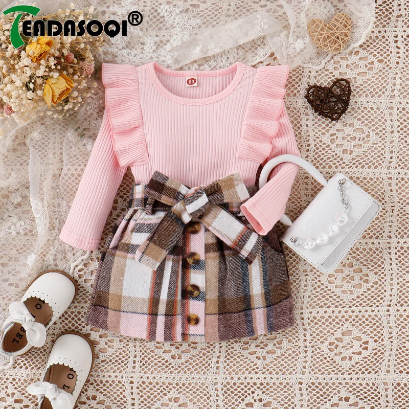 

Toddler Kids Girls 3 Pieces Outfit Ruffle Fly Shoulder Ribbed Long Sleeve Tops+Plaid Skirt+Butterfly Belt Children Set 1-5Y