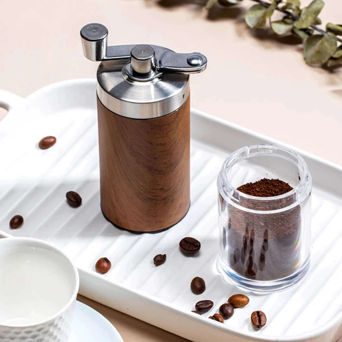 1PCS Coffee Bean Grinder Portable Wood Grain Stainless Steel Crank Hand Hand Coffee Grinder Kitchen Tool Grinder