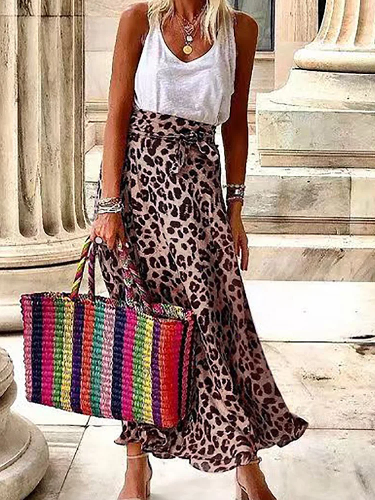 Casual Long Leopard Skirts for Women Vintage 2024 Summer A Line Slim Fitness Skirt Elegant Lady Party Night Skirts Dropshipping