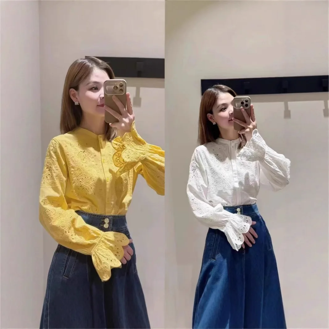 

【Gift Free】Spring Autumn New Retro Hollow Embroidered Round Neck Bell Sleeve Button-Down Loose Blouse for Women