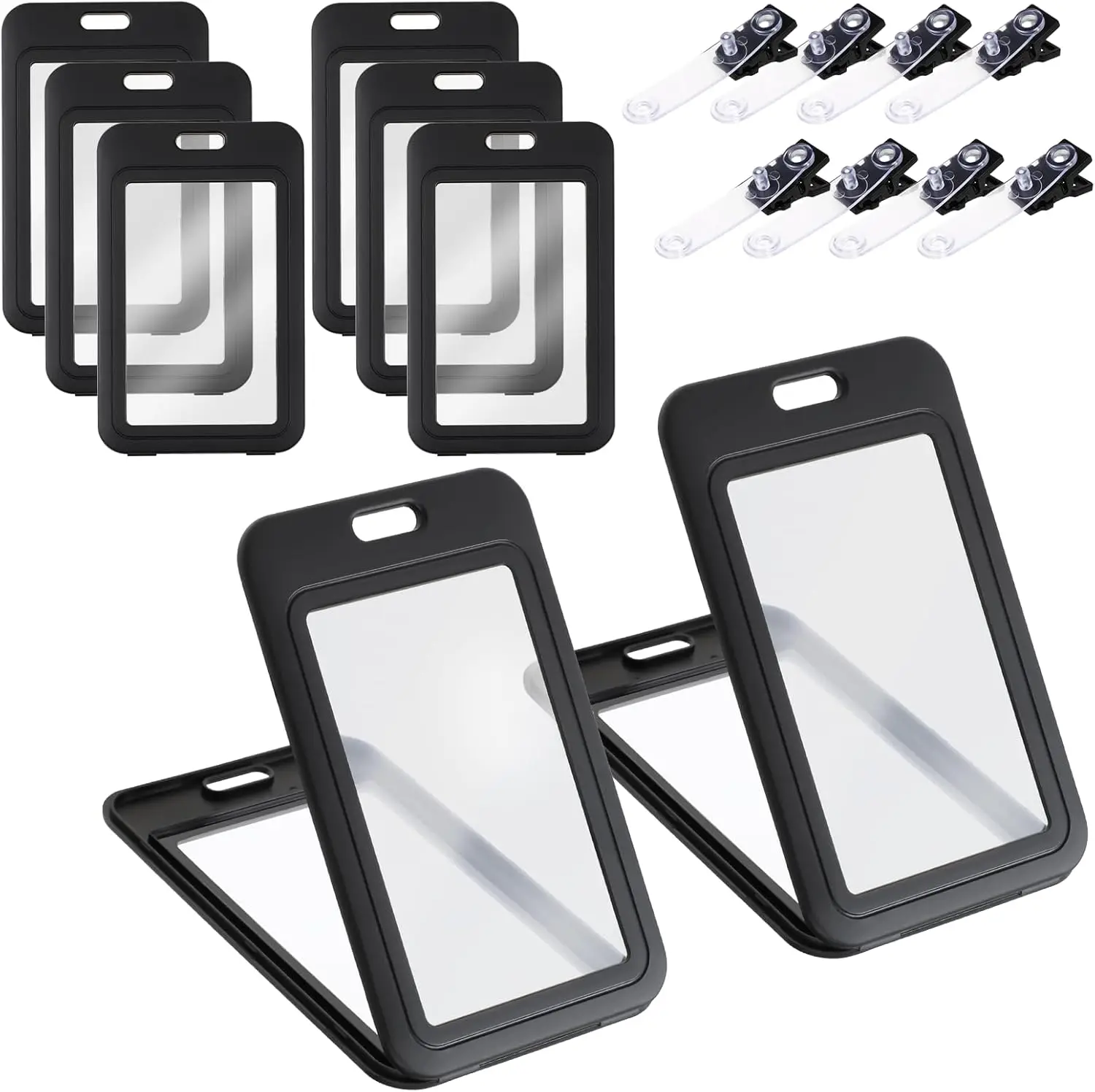 8 Pack ID Double-Sided Clear Vertical Name Badge Hard Black Card Holder  Case With Plastic Clip For Office School ID Credit Card