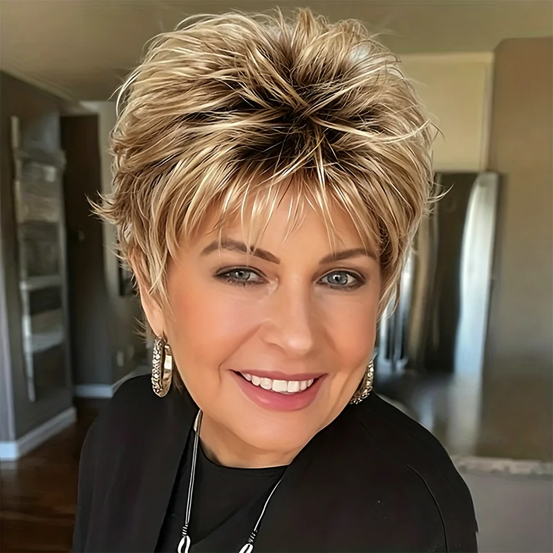 Peluca corta marrón degradada y esponjosa, estilo para madres de mediana edad y mayores, cabello corto en capas fácil de manejar, peluca completa natural