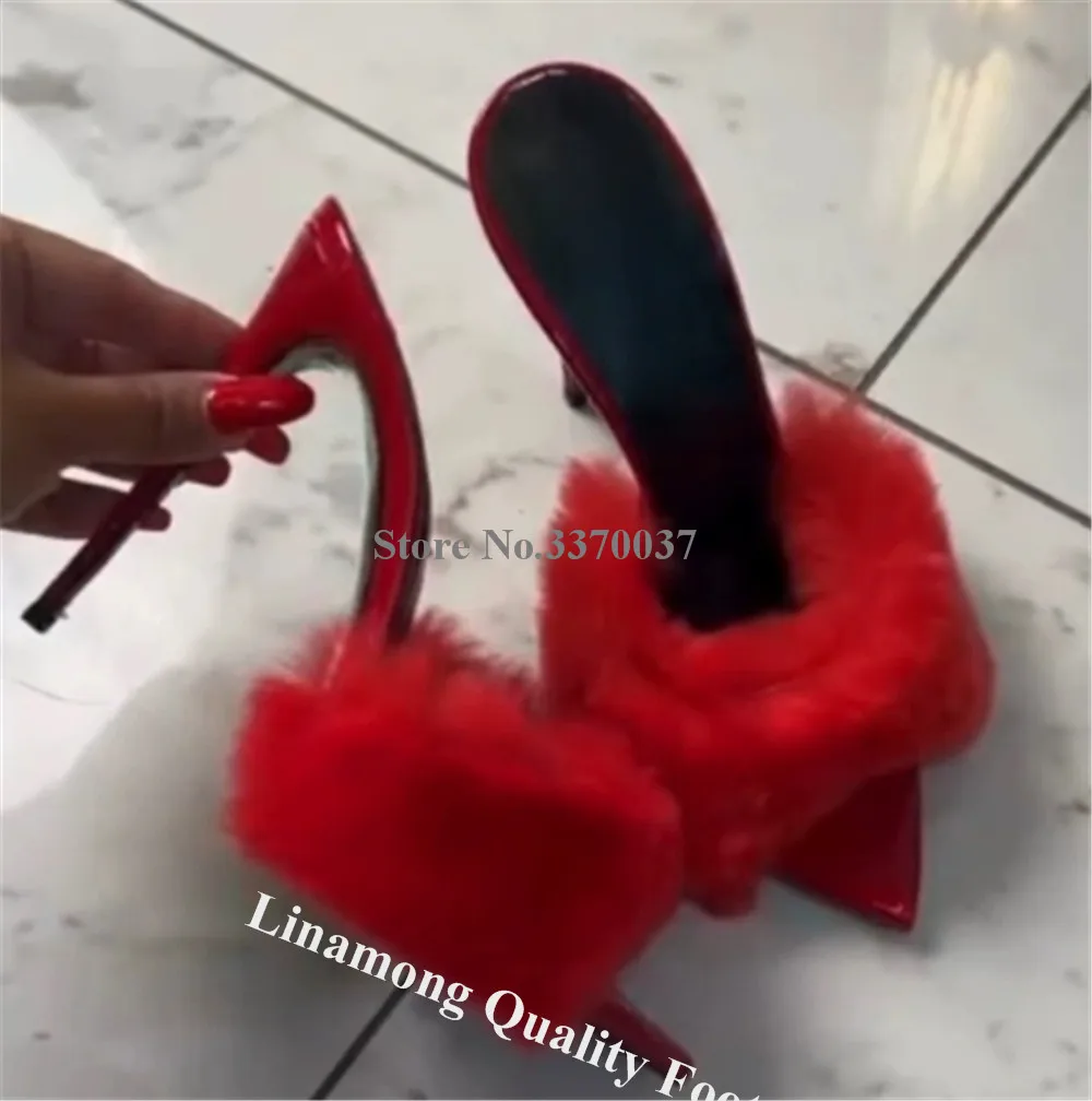 

Linamong Newest Thick Fur Stiletto Heel Slippers Pointed Open Toe Red Pink Black Slip-on Thin Heel Sandals Party Heels