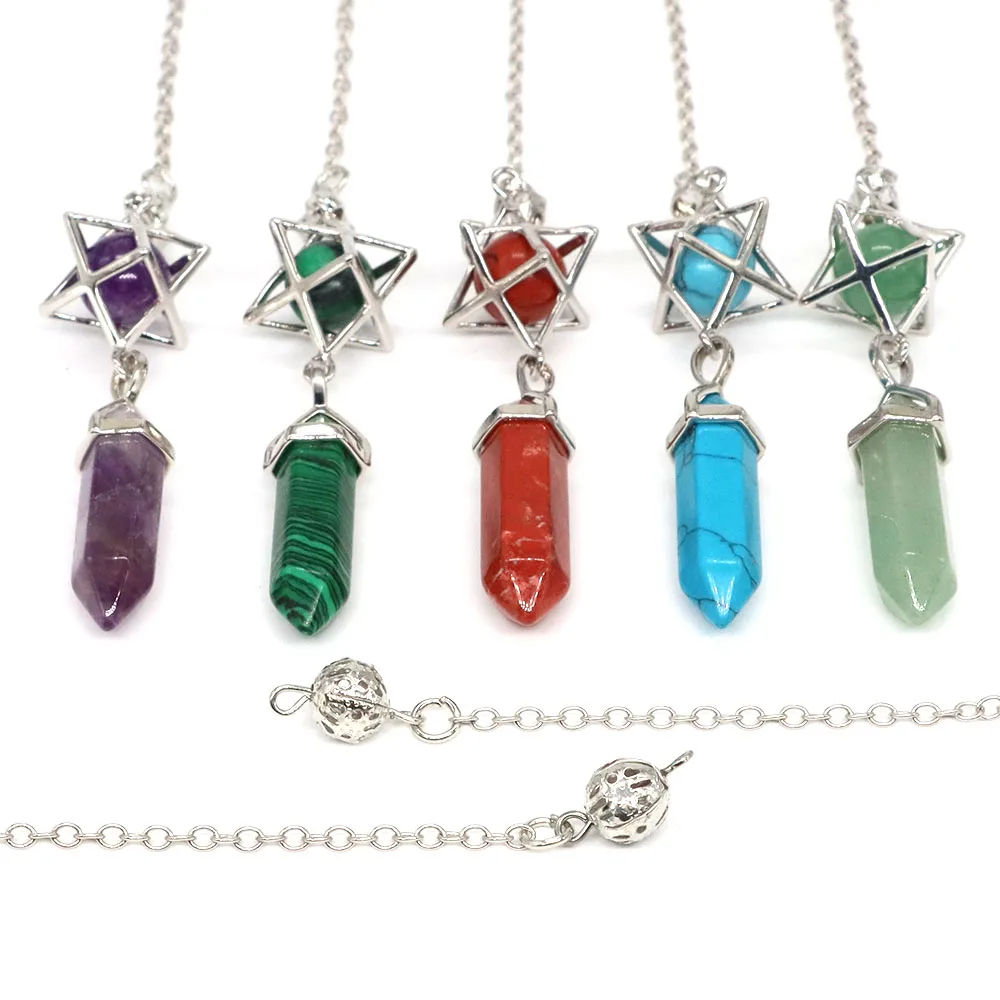 Reiki Natural Stone Hexagonal Merkaba Pendulum for Wicca Drowsing Hexagram Pendule Round Crystal Quartz Beads Pendants Jewellery