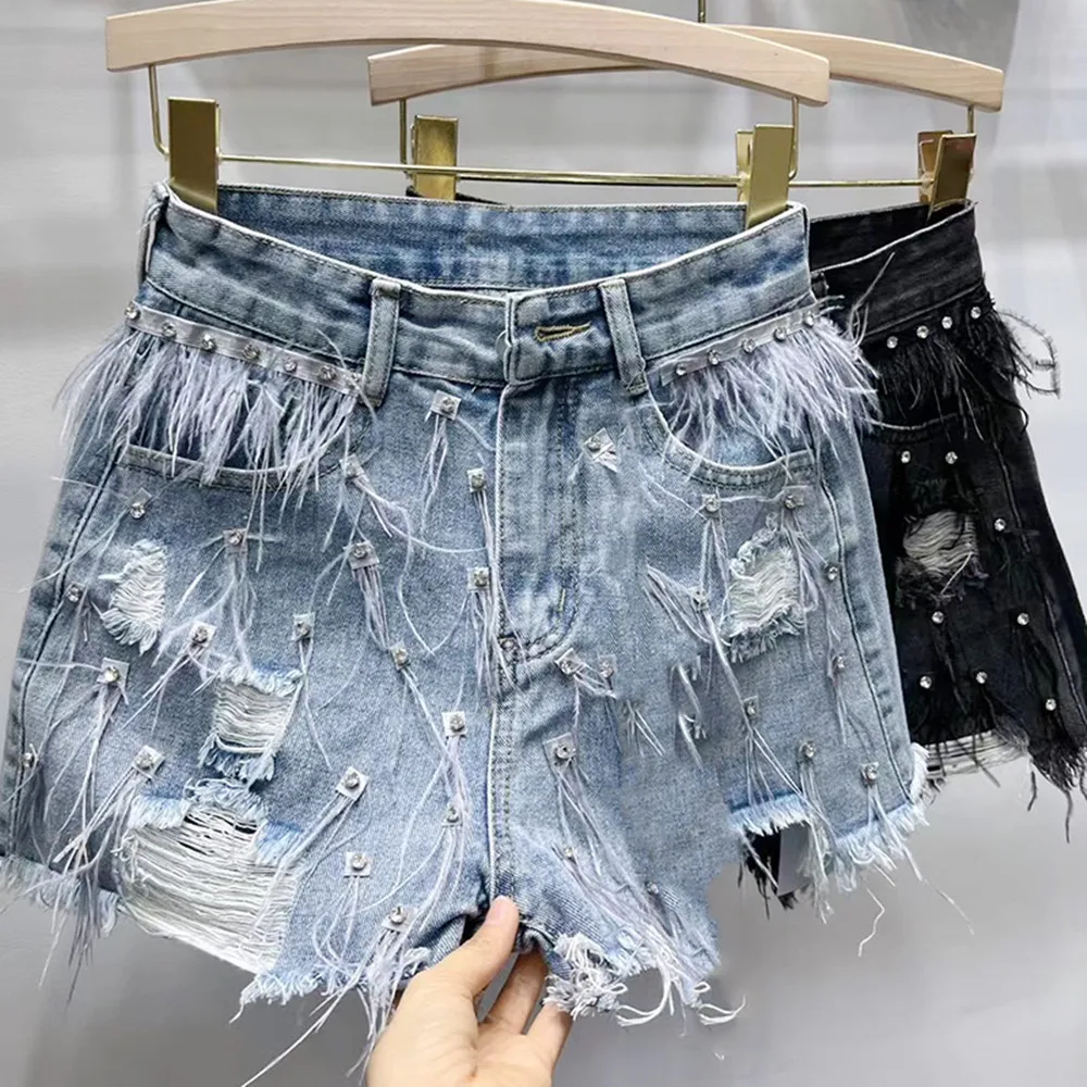 Summer New Collection Rhinestone Embroidered Beadings Feathers Tassel Vintage Blue Denim Shorts Women Short Jeans