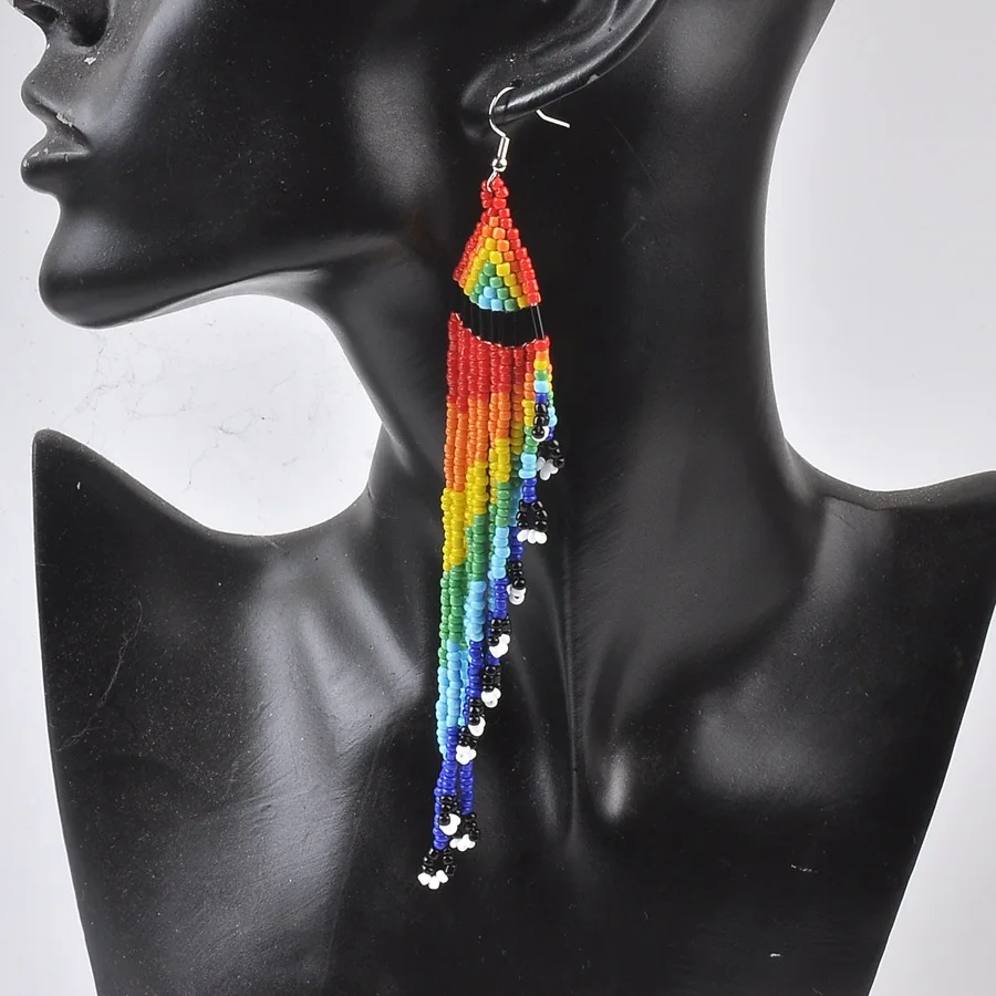 Rice bead earrings Tassel Gradient Rainbow Originality Hand knitting Bohemia Alloy Fashion Simple Beaded earrings