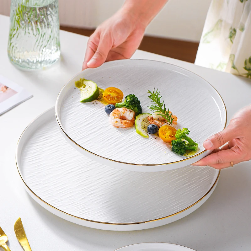 European style white minimalist home ceramic plate, high-end gold edged Western style steak pasta plate, ceramic tableware