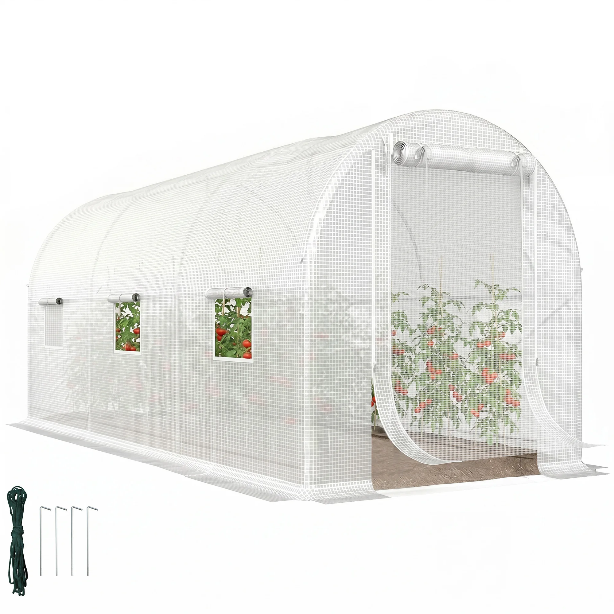 Ring-Shaped Greenhouse with 2 Support Poles, with Mesh Door, Walk-In Greenhouse, White