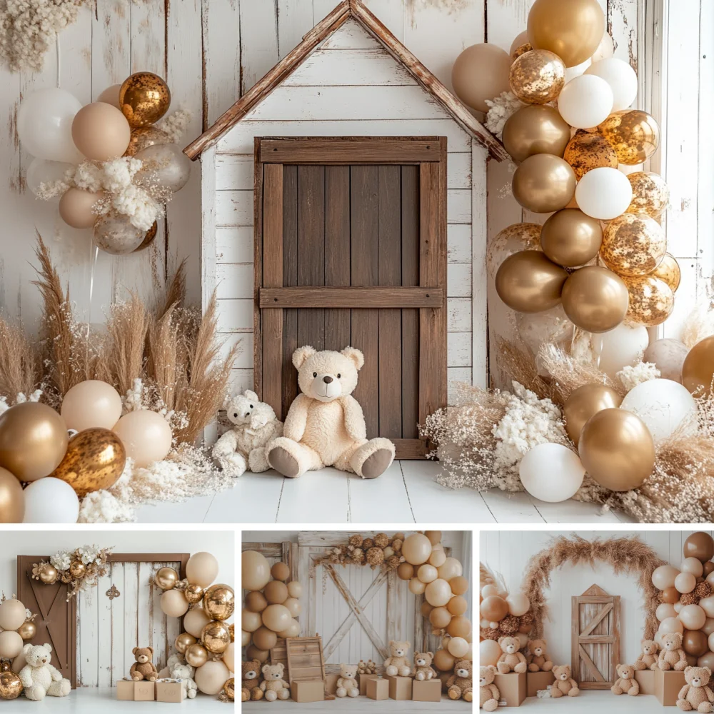 Photography Background Newborn 1st Birthday Backdrop Wooden Door Golden Balloon Teddy Bear Girl Boy Baby Shower Cake Decor