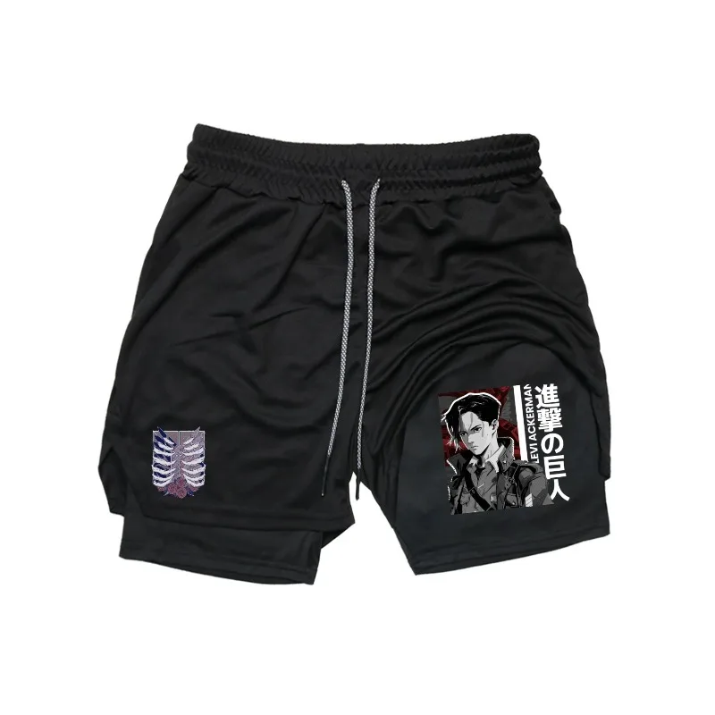 Pantaloncini da allenamento da corsa 2in1 con stampa Attack on Titan Pantaloncini da compressione performanti da uomo con tasca per telefono Abbigliamento sportivo sportivo
