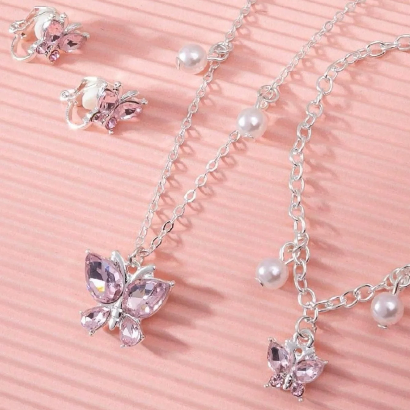 European and American pink purple simple generous butterfly necklace ear clip bracelet 3 pieces girl children\'s jewelry