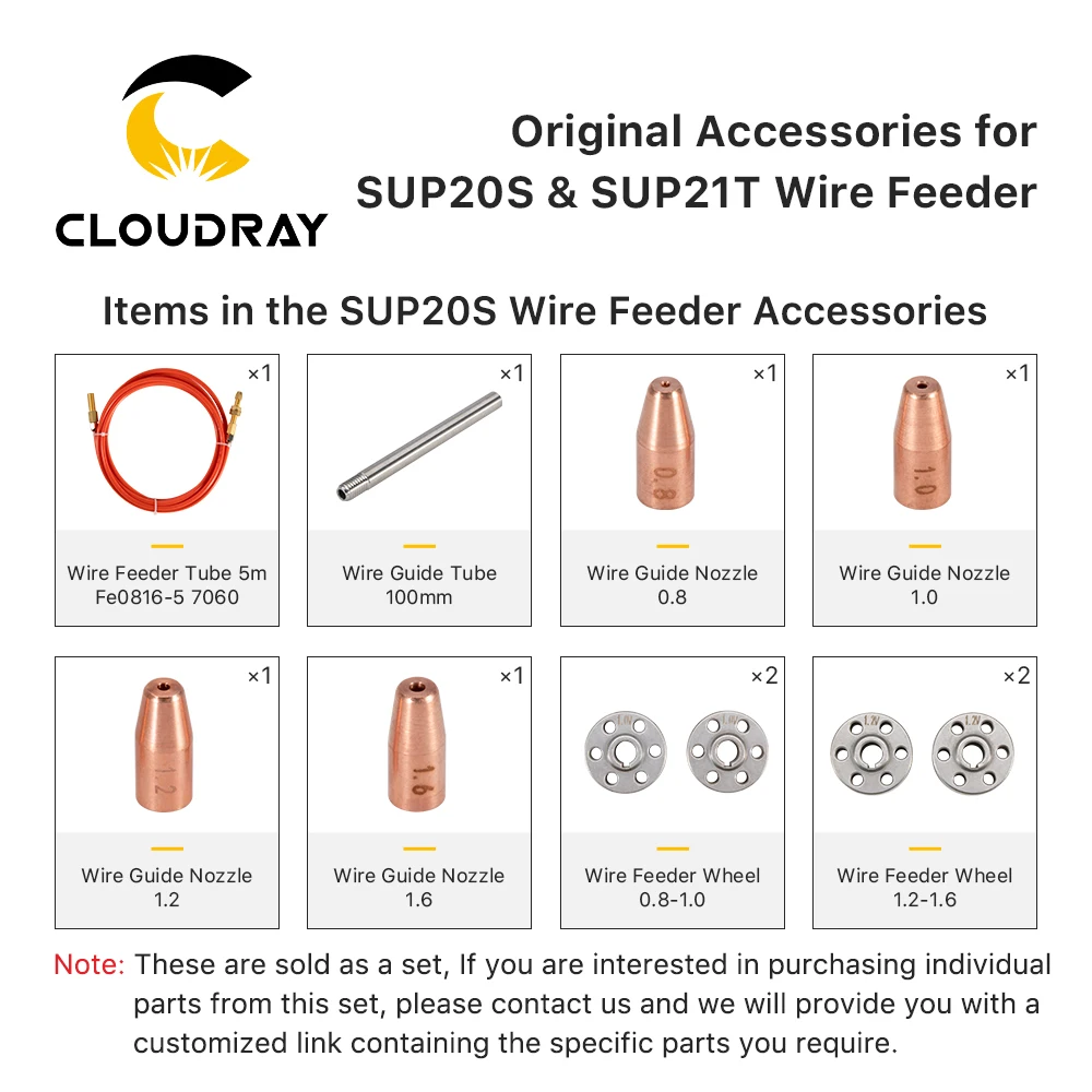 Cloudray Wire Feeder Accessories Set  SUP20 & SUP21 with Wire Feeder Tube Wire Guide Nozzle Wire Guide Tube Wire Feeder Wheel