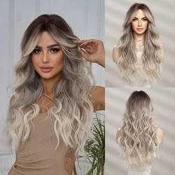 Blonde Unicorn Mixed Brown Blonde Synthetic Wig Long Wavy Wigs with Bangs Daily Cosplay Party Use Heat Resistant Fiber for Women