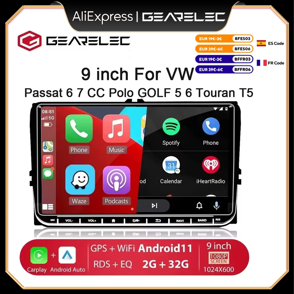 Unidade de Cabeça Split Screen Car, Rádio FM, Wi-Fi, Navegação GPS, BT, Android 10, VW Passat 6, 7 CC, Polo, GOLF 5, Golf 6, Touran T5, 9\