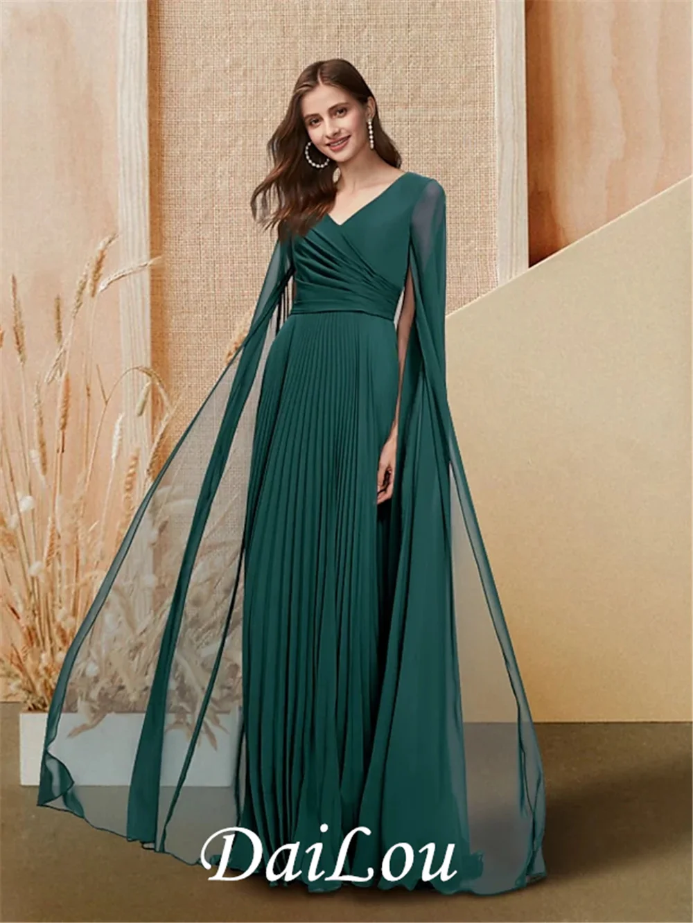 

A-Line Empire Elegant Prom Formal Evening Dress V Neck Long Sleeve Floor Length Chiffon with Sleek Pleats 2022