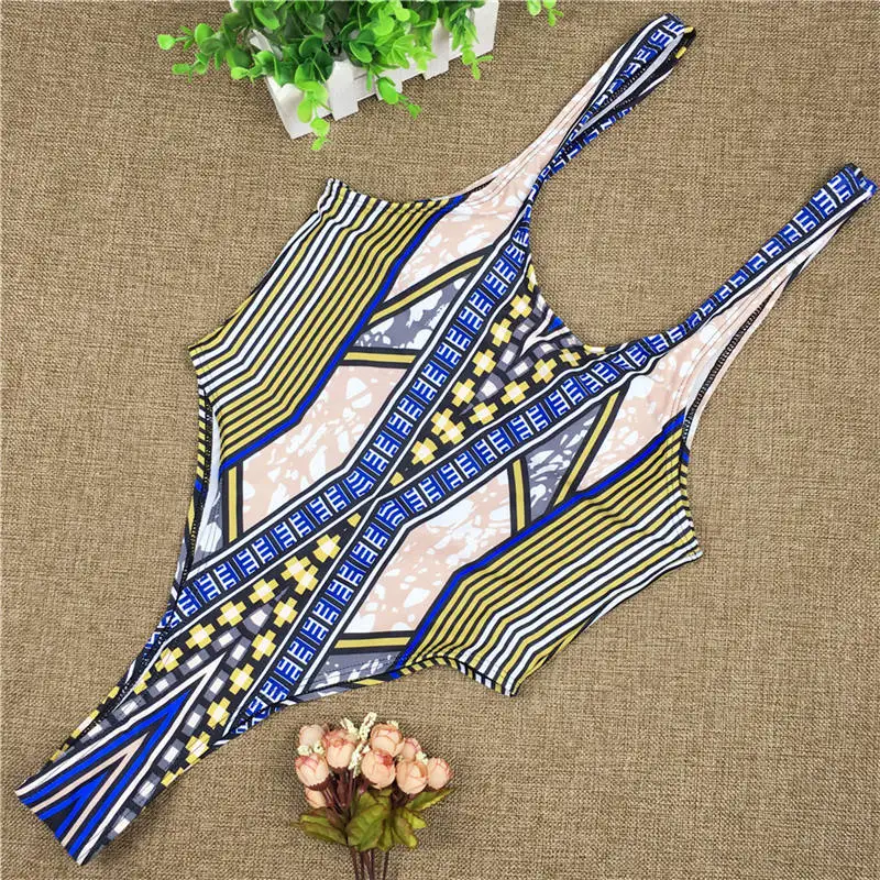 African Style One Piece Bodysuit Swimsuit Tribal Totem Print Bathing Suit High Cut Swimwear Monokini Swim Wear Bather Maillot