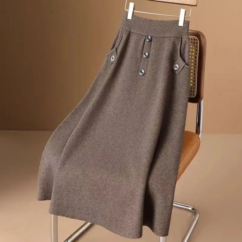 

Winter Thicken Knitted Pockets A-Line Skirts Woman Streetwear Vintage Sweater Long Skirt Elastic High Waisted Casual Skirts
