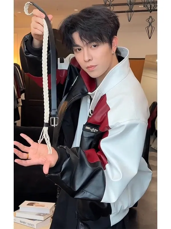 

American Sle Color Blo Leather Jaet Men's Spring Autumn Cleanfit High Street Haome Stand Collar Windproof Zipper