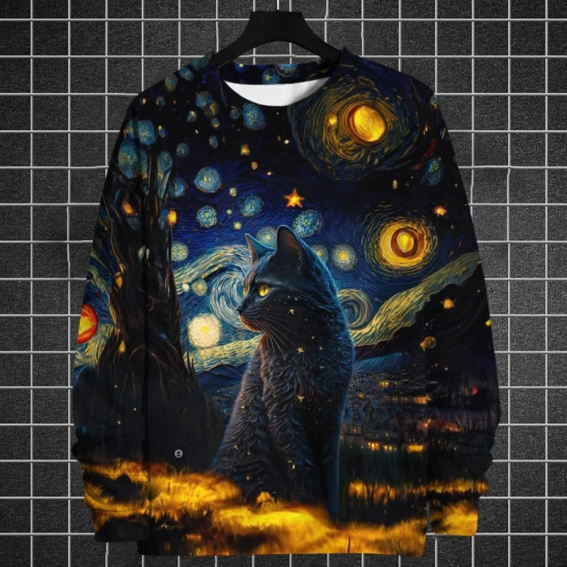 3d Oil Paint Animal Cat Graphic Sweatshirts For Men Women Long Sleeve Pullover Loose Oversized Hoodie Men's Casual Hoody