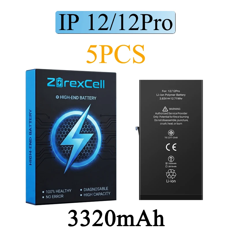 5 PIEZAS Batería de diagnóstico ZorexCell de alta capacidad compatible con iPhone 12, 12 Pro, 12 Pro Max, sin mensaje emergente