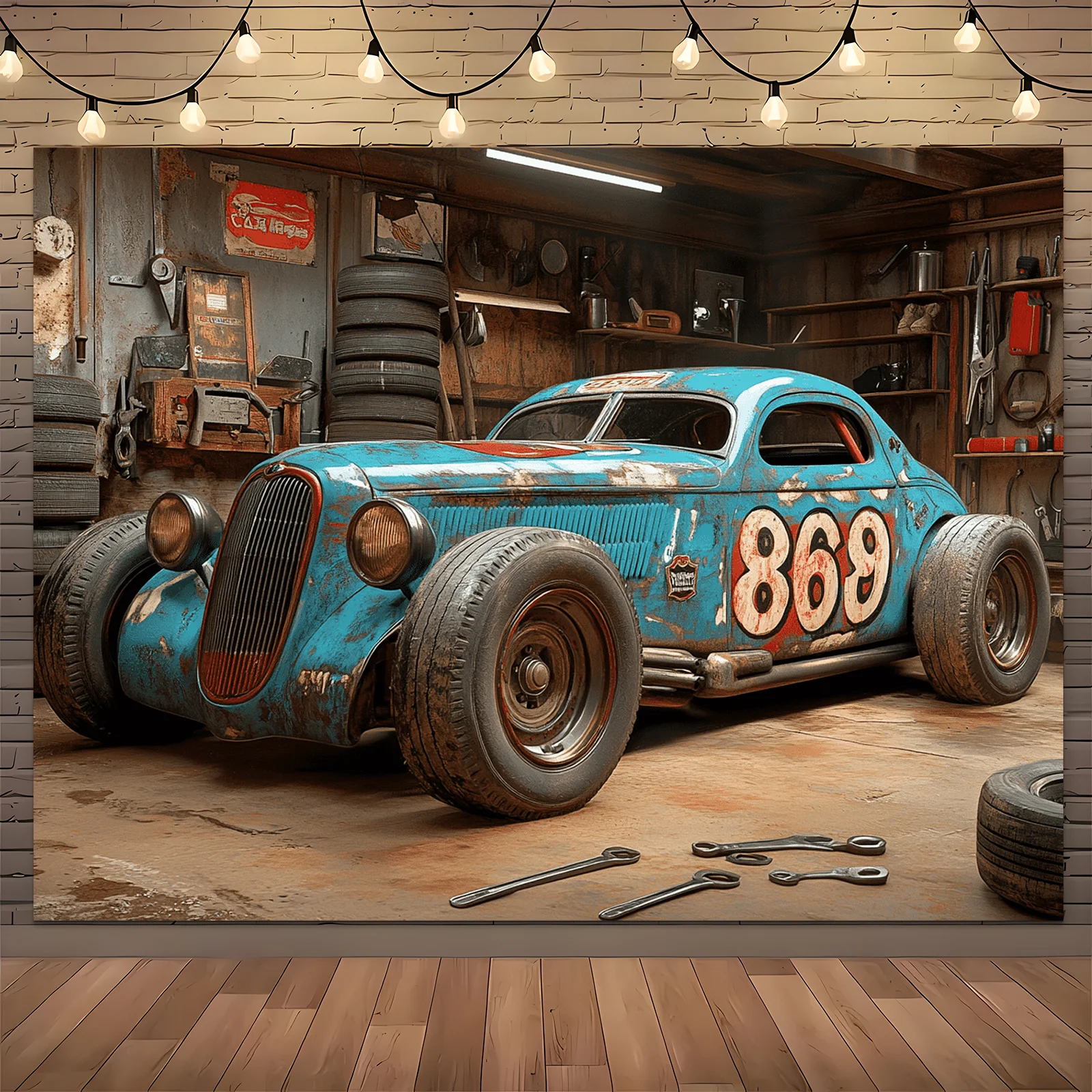 2D flach, 1-teiliges Retro-Hintergrundstoff für Renngaragenstudios mit ländlichem Thema, Polyester, Autodekoration