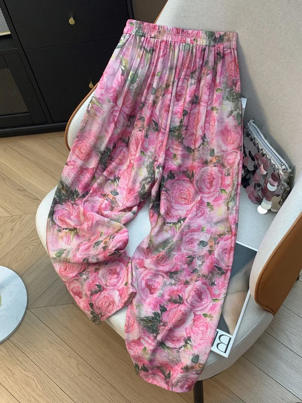 Women's Casual Comfortable Loose Printed Pants Vintage Style Natural Waist  Linen Fabric Floral Pattern Pocket Detail