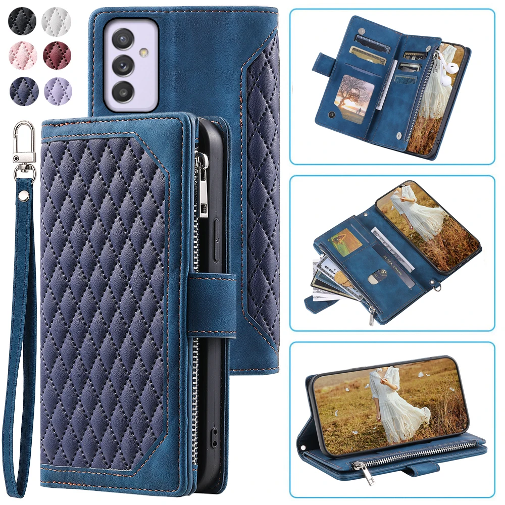 

Fashion Zipper Wallet Case For Samsung Galaxy A82 Flip Cover Multi Card Slots Cover Phone Case Card Slot Folio with Wrist Strap