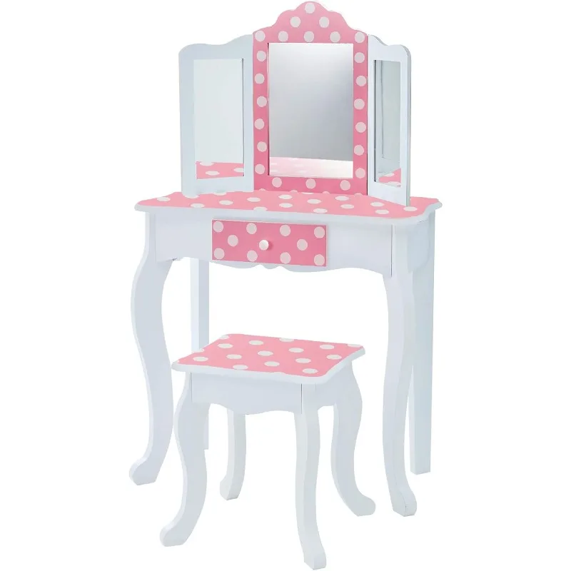 Polka Dot Print Kids Wooden Play Vanity Set, Tri-Fold Mirror, Storage Drawer, and Matching Stool