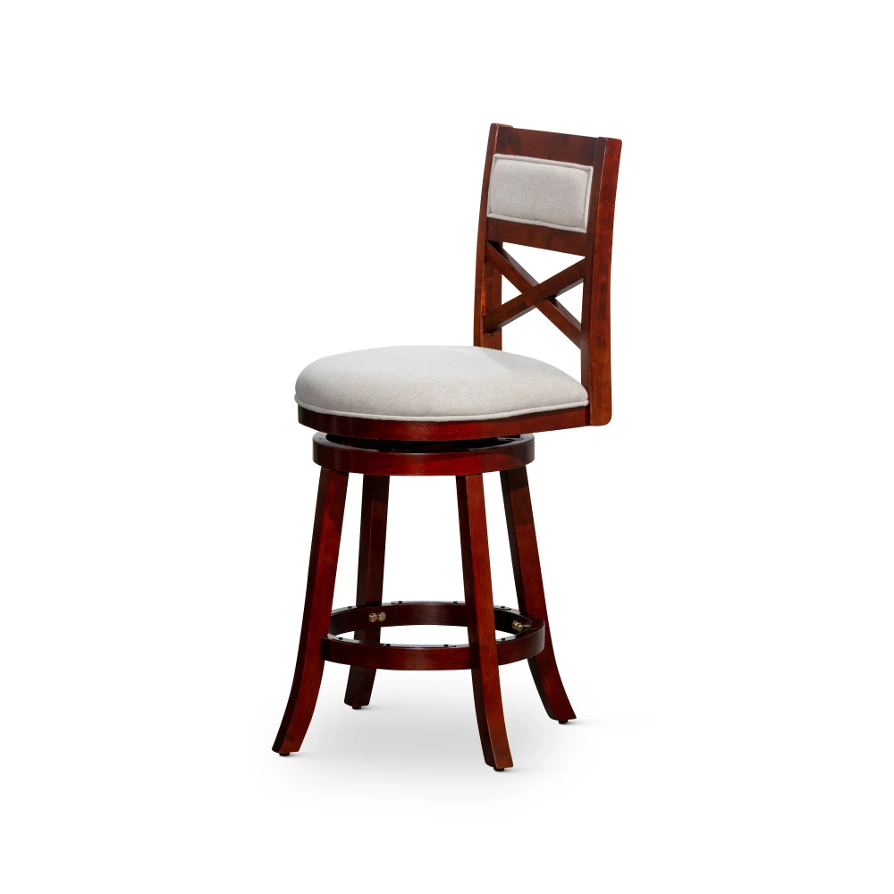 

30" Bar Height X-Back Swivel Stool, Cherry Finish, Beige Fabric Seat