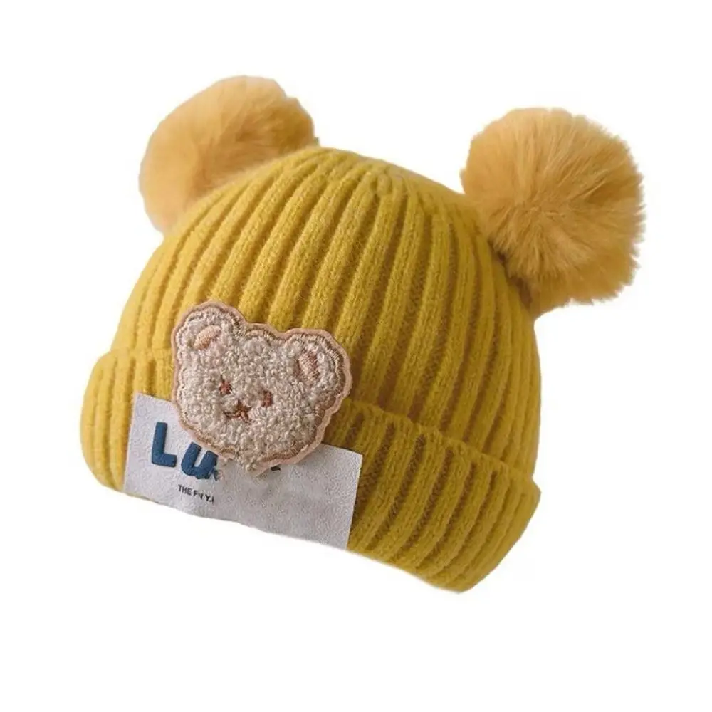 0-3Year Windproof Solid Color Baby Knitted Hat Plush Ball Soft Winter Hat Cartoon Cute Beanie Hats Boys Girls