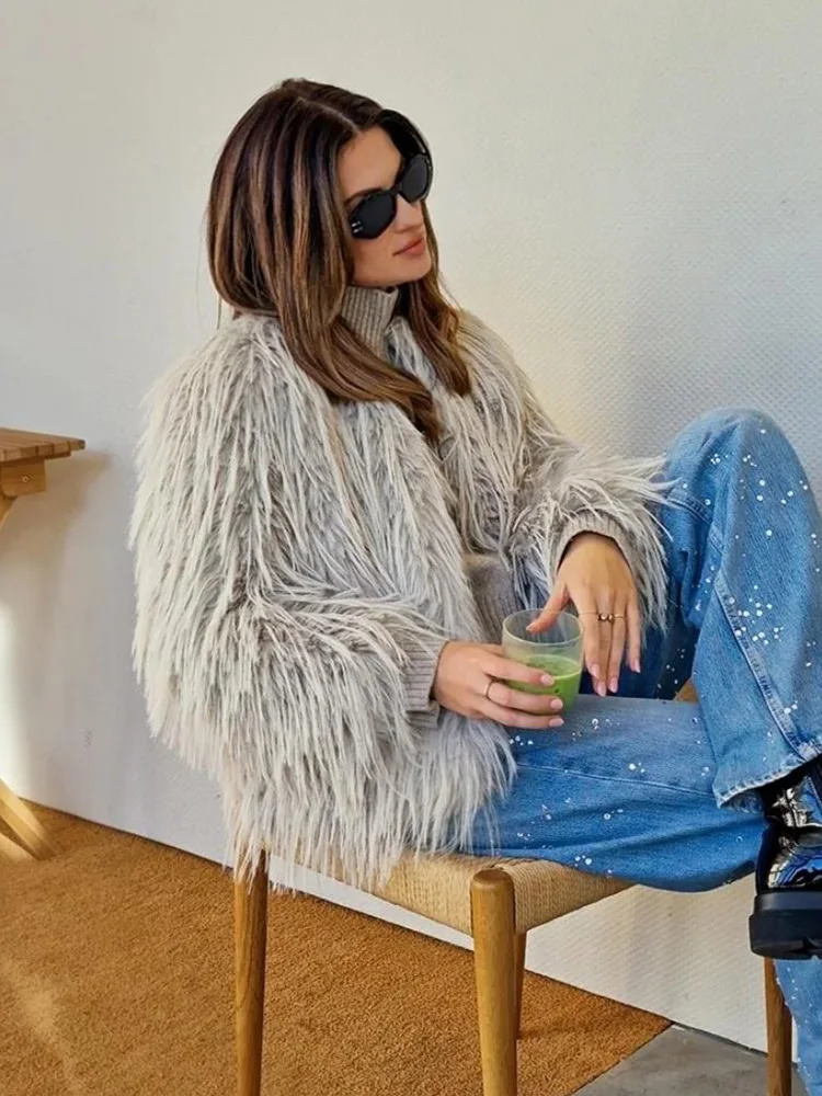 HH 女性の冬のファッション O ネック長袖天然模造毛皮ソリッドコート女性暖かいルーズアウターカジュアルポケットジャケット