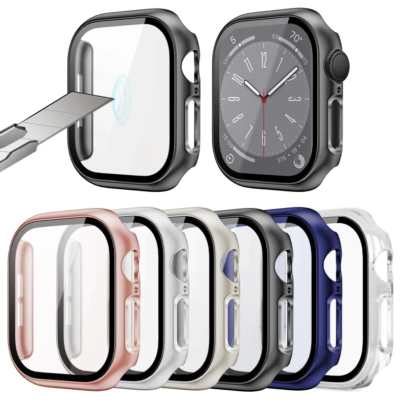 الزجاج المقسى + غطاء اكسسوارات لساعة أبل 45 مللي متر 41 مللي متر 44 مللي متر 40 مللي متر 42 مللي متر حامي الشاشة أبل ساعة حافظة سلسلة 9 4 5 6 SE 7 8