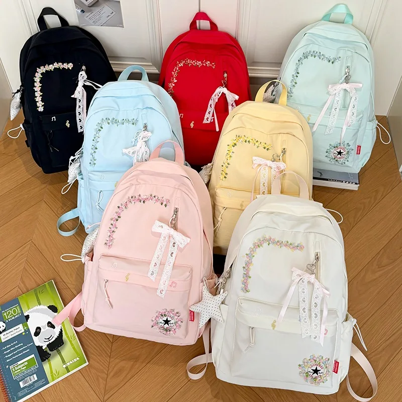 女の子用大容量かわいいブックバッグ、トレンドの星型ペンダント刺繍入りバックパック、軽量中学校小学生用バックパック