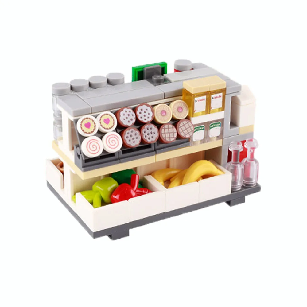 Bloques de construcción modulares de supermercado MOC: pan, carrito de compras, mostrador de caja, ladrillos de juguete para estante de leche