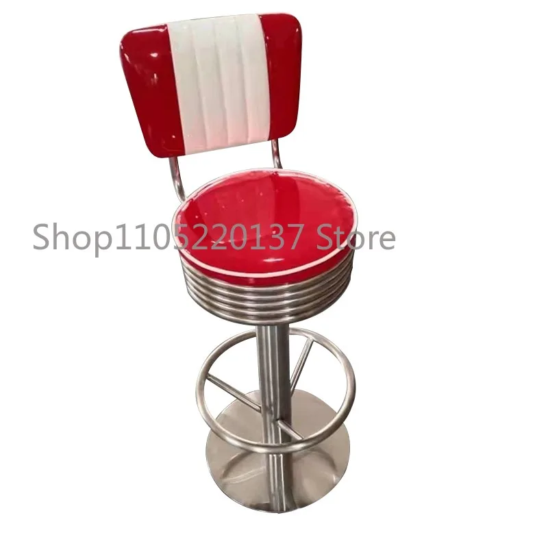 American Retro Red Bar KTV Bar Counter Stool, Front Desk Round Stool, Commercial High Legged Chair, Iron Nail Salon Use