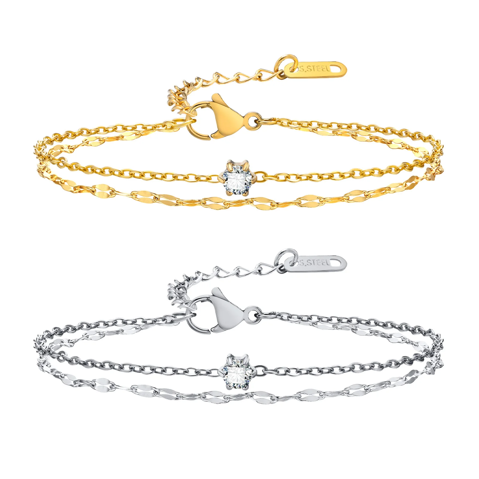 Doppel kette Armband Zirkonia, verstellbares Glied Edelstahl stapelbarer Schmuck, Frauen Mädchen Schwester Mutter Weihnachten Geschenk