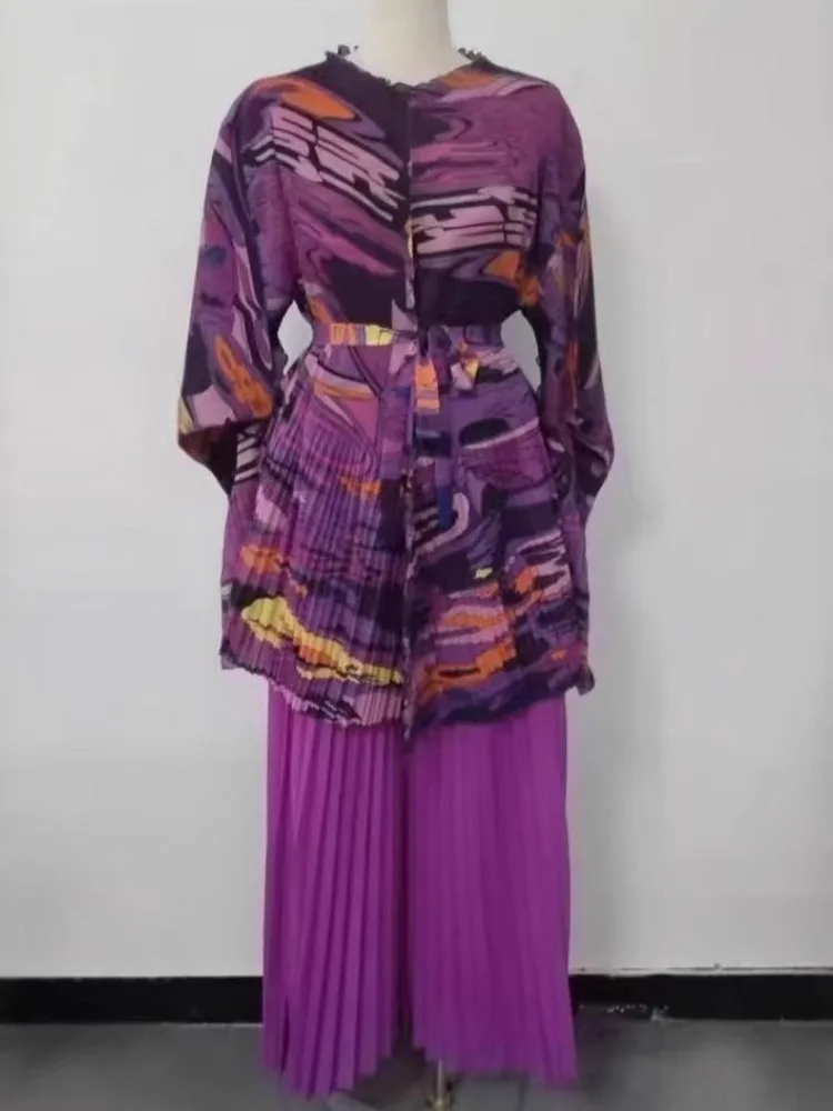 

2025 Miyake Pleated Printing Set Animal Flower Printing Short Top + Wide-leg Straight Pants Two-piece Set Women's Summer New