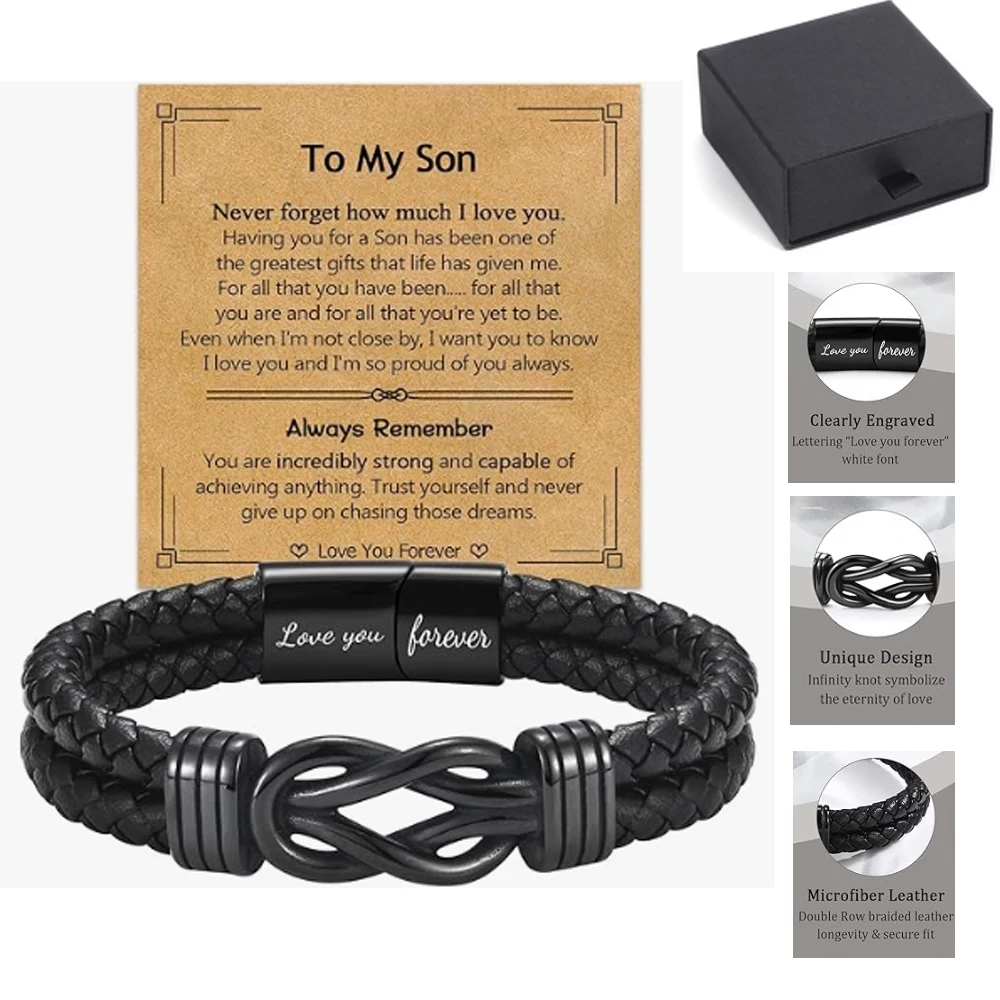 Gifts for Men Boys Black Braided Leather Infinity Knot Bracelets for Son Dad Jewelry Gift for Christmas Birthday Valentine's Day