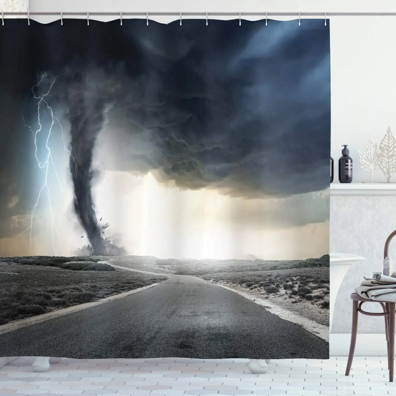 

Tornado Storm Weather Shower Curtain with Dark Clouds and Lightning Dramatic Nature Scene for Bathroom Decor