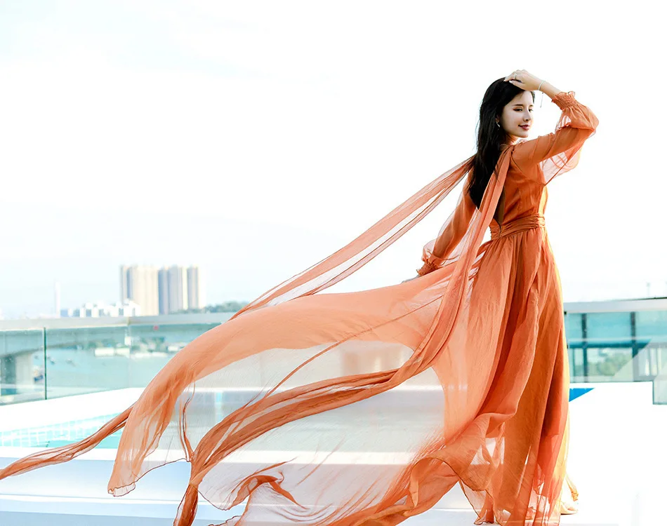 Jastie Vintage elegante abito lungo da festa donna tinta unita scollo a V manica a lanterna abiti a vita alta abiti Boho Holiday Chic